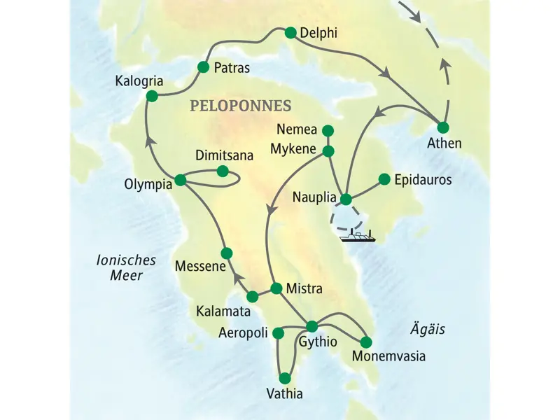 Reiseroute der Studiosus Studienreise auf dem Peloponnes: von Athen über Nauplia, Mykene, Olympia, Mani und Delphi zurück nach Athen.
