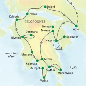 Reiseroute der Studiosus Studienreise auf dem Peloponnes: von Athen über Nauplia, Mykene, Olympia, Mani und Delphi zurück nach Athen.
