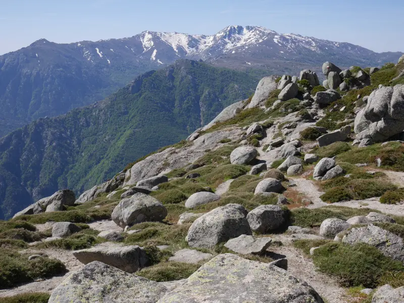 Ein felsiger Gebirgspfad auf dem Fernwanderweg GR20 auf Korsika mit Panorama auf bewaldete Täler und den Monte Incudine.