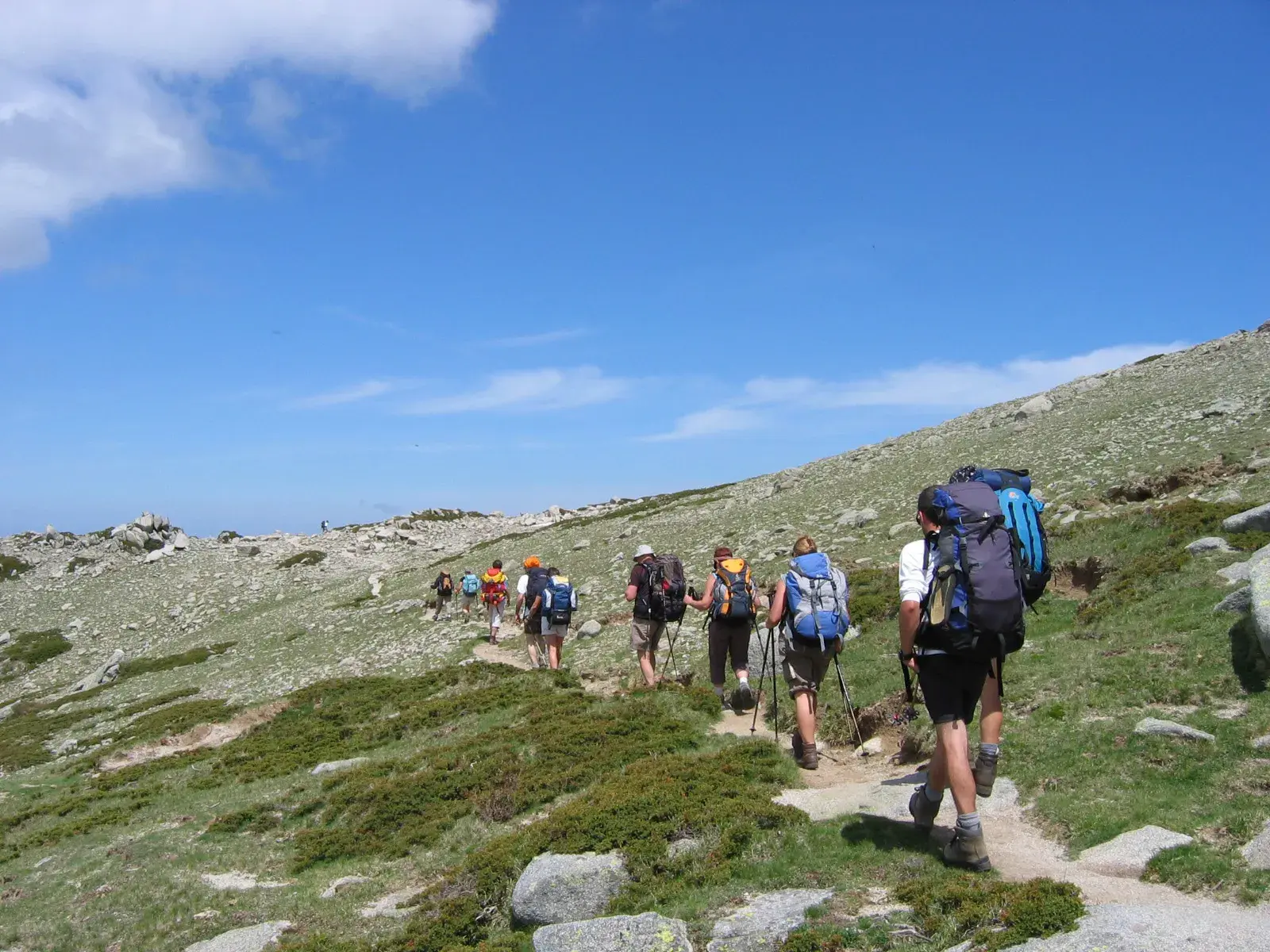 Eine Wandergruppe mit Rucksäcken und Stöcken auf einer Trekking-Etappe des Fernwanderwegs GR20 in der Bergwelt Korsikas.
