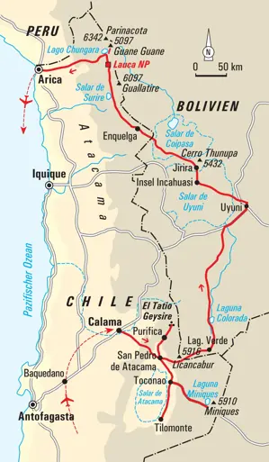 Reiseroute unserer Trekkingreise in Chile und Bolivien von San Pedro de Atacama über den Salar de Uyuni und Lauca NP nach Arica.