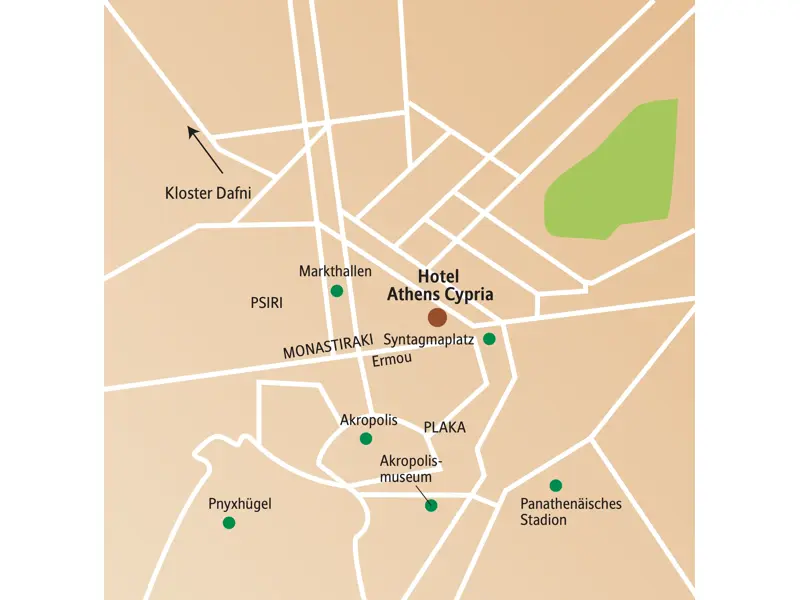 Karte der Studiosus Studienreise in Athen mit Akropolis, Plaka, Psiri, Kloster Dafni und dem Panathenäischen Stadion.