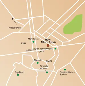 Karte der Studiosus Studienreise in Athen mit Akropolis, Plaka, Psiri, Kloster Dafni und dem Panathenäischen Stadion.