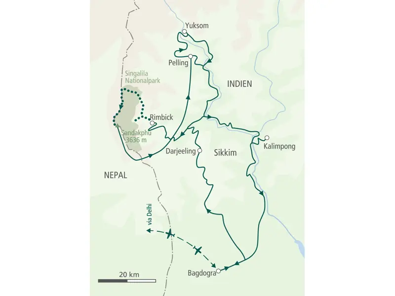 Routenkarte der Hauser Trekkingreise in Sikkim und Darjeeling, mit Trek im Singalila-Nationalpark von Rimbick bis Sandakphu.