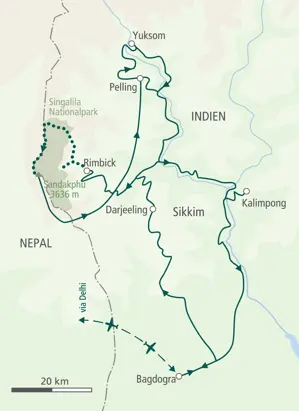 Routenkarte der Hauser Trekkingreise in Sikkim und Darjeeling, mit Trek im Singalila-Nationalpark von Rimbick bis Sandakphu.