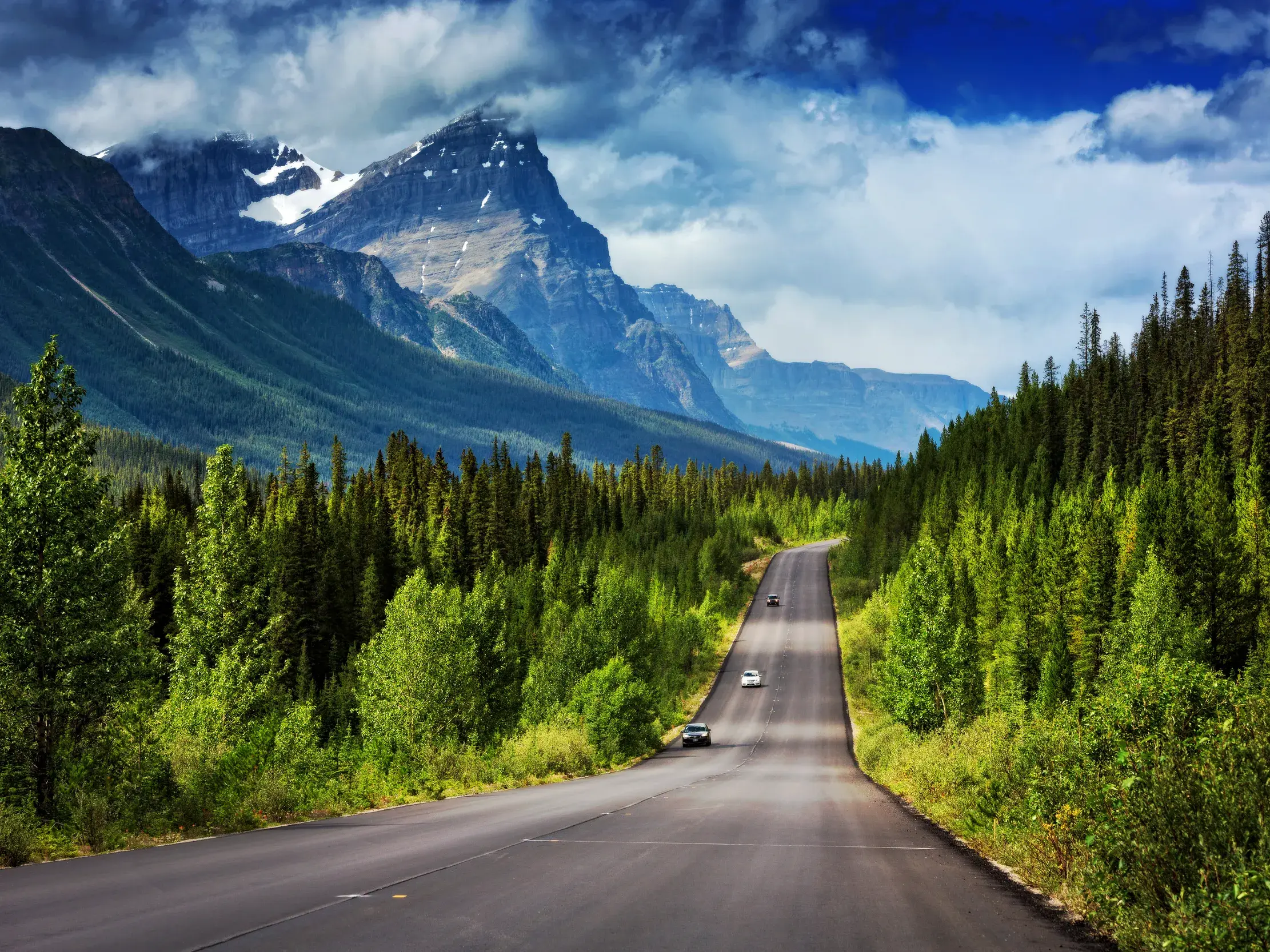 Der berühmte Icefields Parkway führt durch dichte Wälder auf die schneebedeckten Gipfel der Rocky Mountains in Kanada.