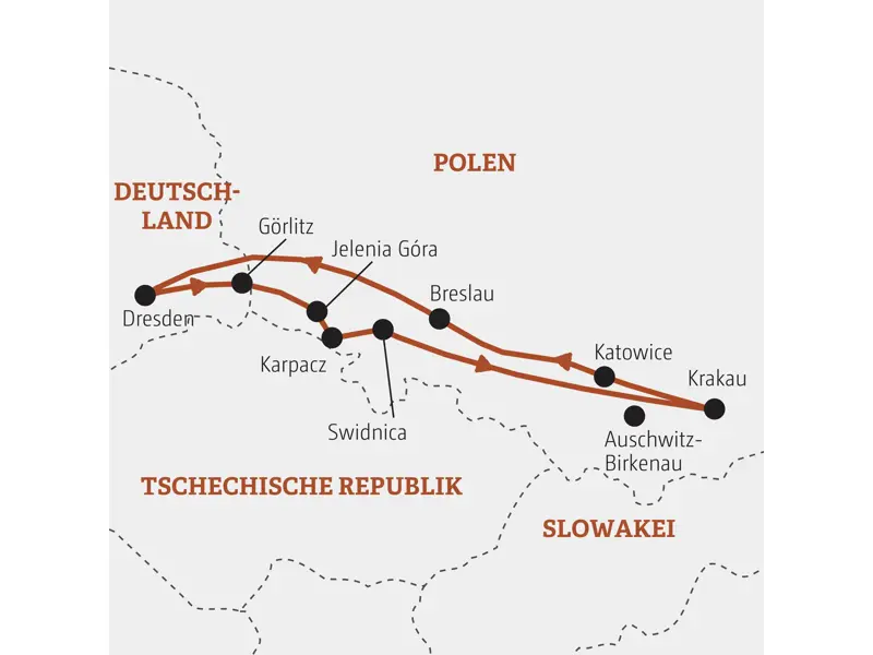 Landkarte der Marco Polo Rundreise in Schlesien, Polen. Die Route führt von Dresden über Jelenia Góra, Krakau und Breslau.