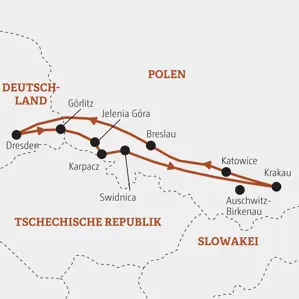 Landkarte der Marco Polo Rundreise in Schlesien, Polen. Die Route führt von Dresden über Jelenia Góra, Krakau und Breslau.