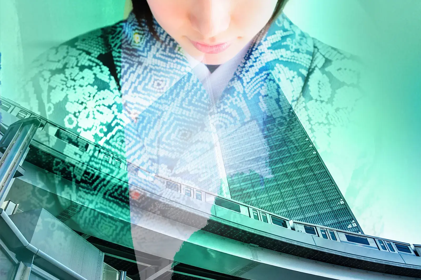 Künstlerische Bildmontage einer Frau im Kimono, überlagert mit einem modernen Zug und einem Wolkenkratzer in Tokio.