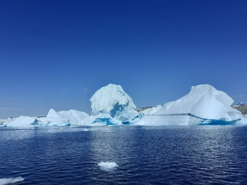 Majestätische Eisberge treiben im tiefblauen Wasser des Sermilik-Fjords in Ostgrönland unter klarem, sonnigem Himmel.