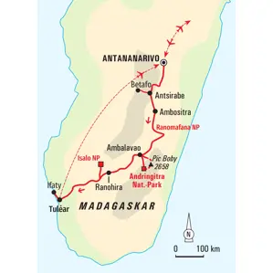 Karte der Trekkingreise in Madagaskar von Antananarivo über das Andringitra-Massiv und den Isalo NP bis nach Tuléar.