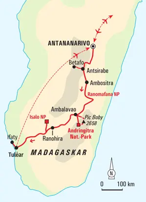 Karte der Trekkingreise in Madagaskar von Antananarivo über das Andringitra-Massiv und den Isalo NP bis nach Tuléar.