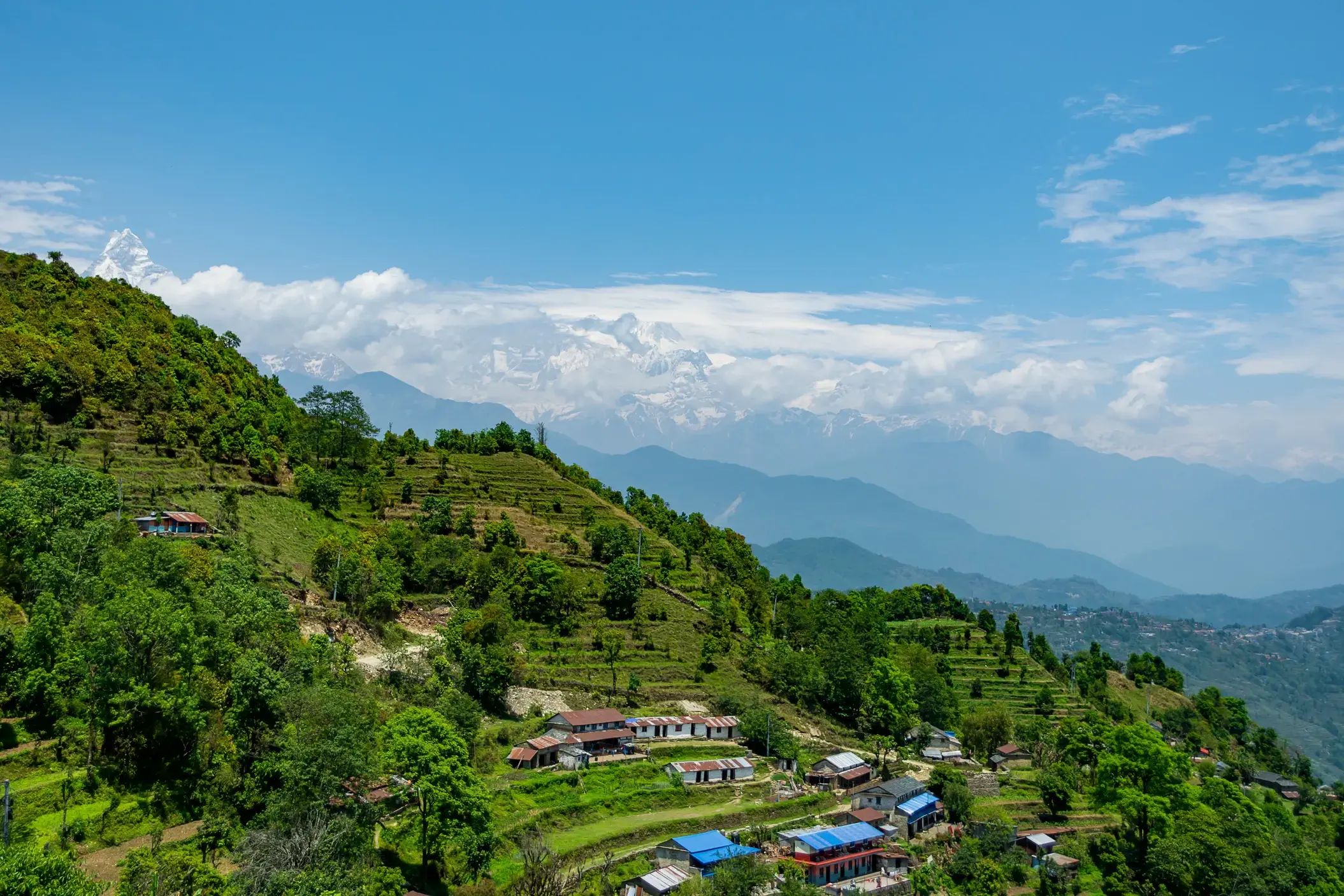 Idyllisches Bergdorf mit grünen Reisterrassen in der Annapurna-Region Nepals vor dem Panorama des Himalaya-Gebirges.
