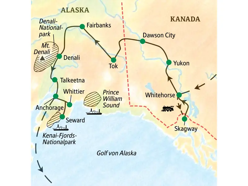 Studiosus Studienreise durch Alaska und Yukon: Route von Whitehorse über Dawson, Fairbanks und Denali nach Anchorage.