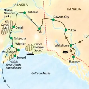 Studiosus Studienreise durch Alaska und Yukon: Route von Whitehorse über Dawson, Fairbanks und Denali nach Anchorage.