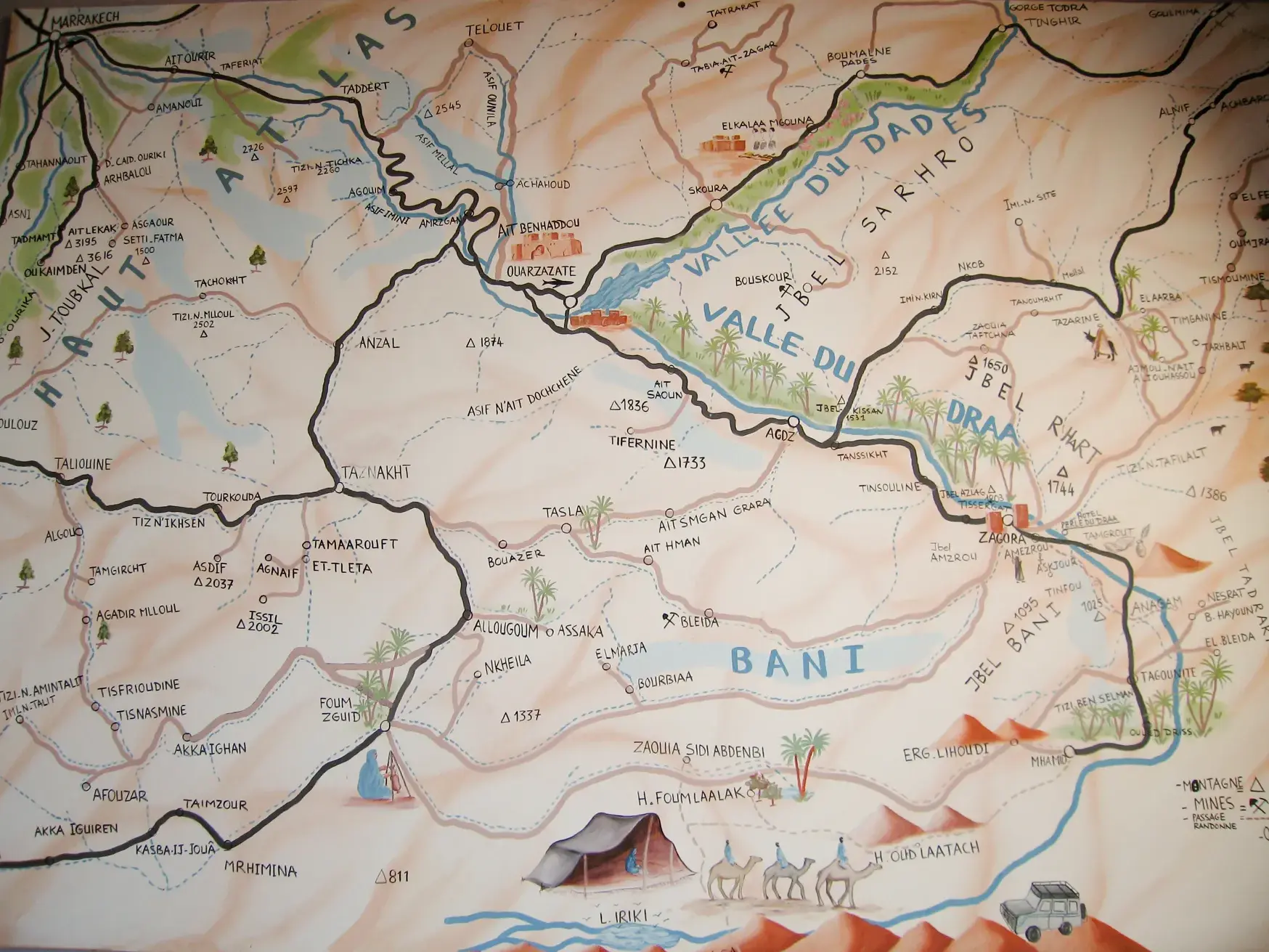Handgezeichnete Karte der Mountainbike-Route durch den Hohen Atlas, das Dades-Tal und das Jebel Sarhro-Massiv in Marokko.