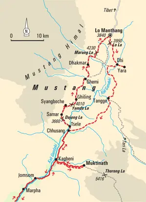 Karte der Trekkingreise durch Mustang in Nepal. Die Route führt von Kagbeni über Samar und Ghemi bis nach Lo Manthang und zurück.