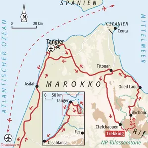 Routenkarte der Hauser Trekkingreise in Nordmarokko von Tanger über Tétouan, Chefchaouen und Akchour zum Küstenort Asilah.