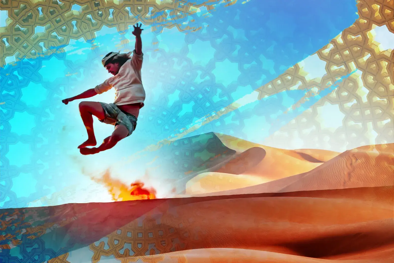 Fotocollage eines Mannes, der voller Energie über eine Sanddüne in der Wahiba-Wüste im Oman springt, mit orientalischen Ornamenten.