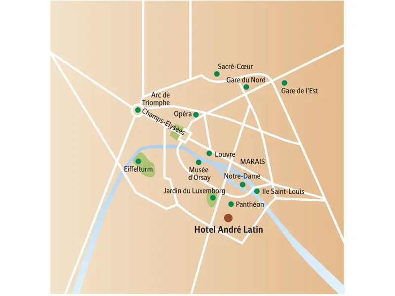 Karte der Studiosus-Städtereise Paris mit der zentralen Lage des Hotels André Latin nahe Panthéon, Louvre und Eiffelturm.