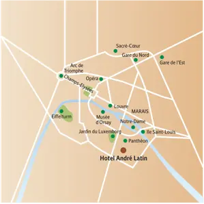 Karte der Studiosus-Städtereise Paris mit der zentralen Lage des Hotels André Latin nahe Panthéon, Louvre und Eiffelturm.