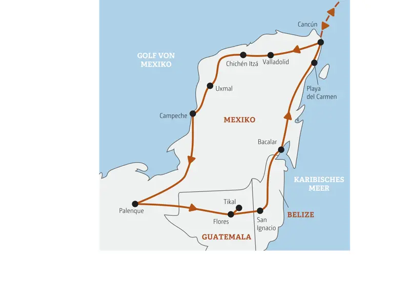 Reiseroute der Rundreise durch Mexiko, Guatemala und Belize von Cancún über Chichén Itzá, Palenque, Tikal, San Ignacio und Playa del Carmen.
