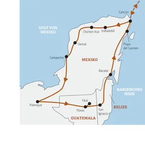 Reiseroute der Rundreise durch Mexiko, Guatemala und Belize von Cancún über Chichén Itzá, Palenque, Tikal, San Ignacio und Playa del Carmen.