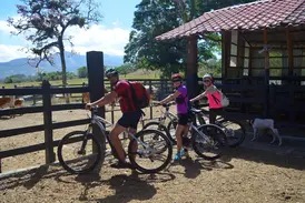 Drei Mountainbiker einer geführten Rundreise lächeln bei einer Pause an einer Weide in der ländlichen Hügellandschaft Costa Ricas.
