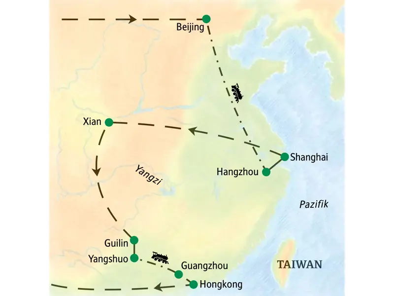 Karte der Studienreise durch China: Die Route führt von Beijing über Hangzhou, Shanghai, Xian und Guilin bis nach Hongkong.