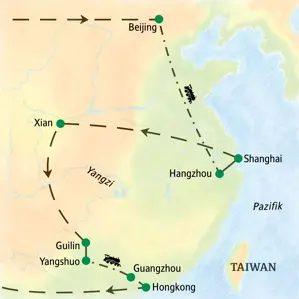 Karte der Studienreise durch China: Die Route führt von Beijing über Hangzhou, Shanghai, Xian und Guilin bis nach Hongkong.