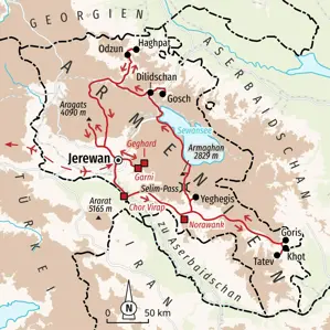 Karte der Wanderreise durch Armenien von Jerewan über Goris, zum Sewansee, Haghpat und zur Besteigung des Aragats.
