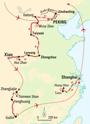 Reiseroute der Trekkingreise durch China: von Peking und der Großen Mauer über Xian, Zhangjiajie und Huang Shan bis nach Shanghai.