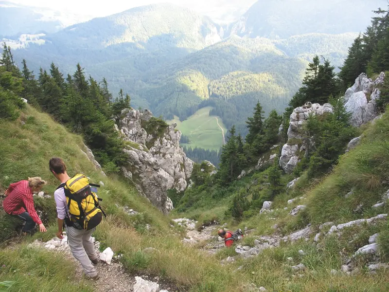 Eine Trekking-Gruppe beim Abstieg auf einem steilen Pfad im Fagaras Gebirge mit Blick auf die grünen Täler der Karpaten.