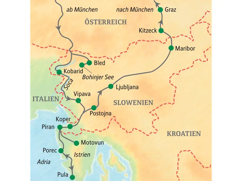 Reiseroute der Studiosus Rundreise durch Slowenien, Istrien und die Steiermark mit Stopps in Bled, Pula, Ljubljana und Graz.
