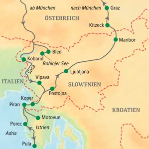 Reiseroute der Studiosus Rundreise durch Slowenien, Istrien und die Steiermark mit Stopps in Bled, Pula, Ljubljana und Graz.
