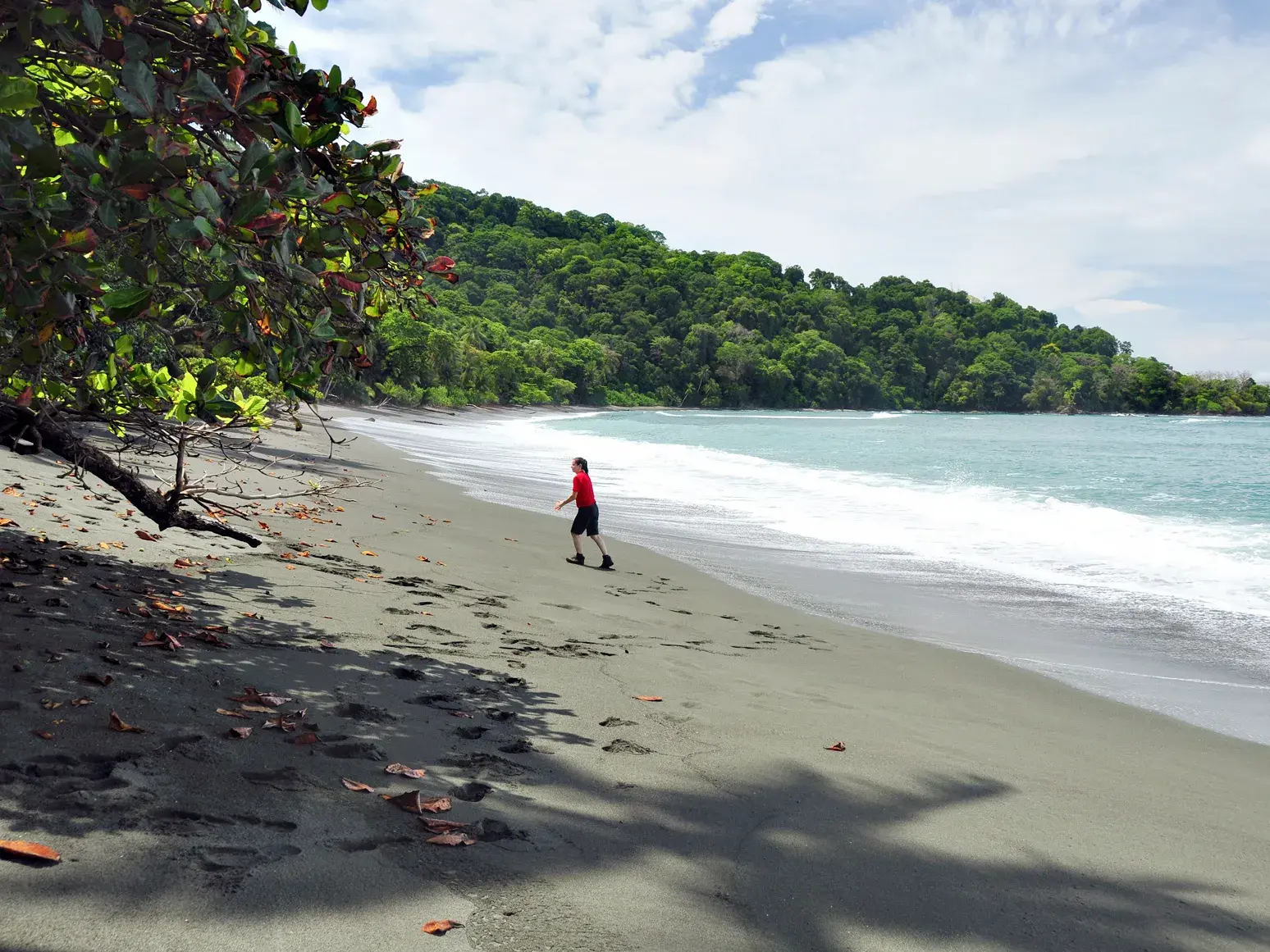 Wanderer an einem dunklen Sandstrand im Corcovado-Nationalpark in Costa Rica, gesäumt von tropischem Regenwald.