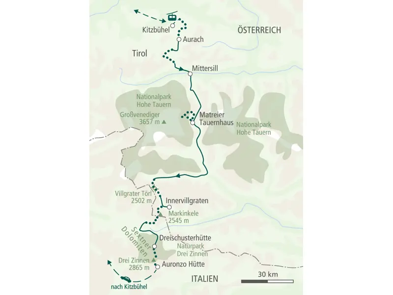 Karte der Hauser Alpenüberquerung. Die Trekkingroute führt von Kitzbühel in Tirol über den Nationalpark Hohe Tauern zu den Drei Zinnen.