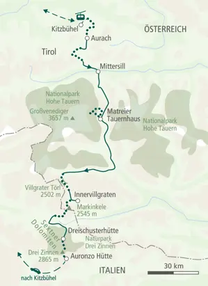 Karte der Hauser Alpenüberquerung. Die Trekkingroute führt von Kitzbühel in Tirol über den Nationalpark Hohe Tauern zu den Drei Zinnen.