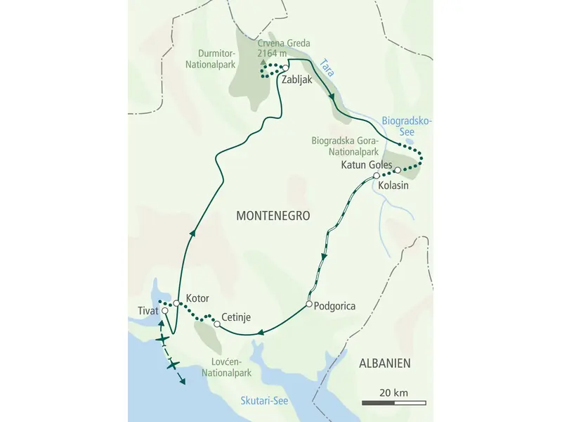 Route der Wanderreise in Montenegro: von Tivat durch die Nationalparks Durmitor, Biogradska Gora und Lovćen bis nach Kotor.