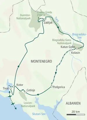 Route der Wanderreise in Montenegro: von Tivat durch die Nationalparks Durmitor, Biogradska Gora und Lovćen bis nach Kotor.