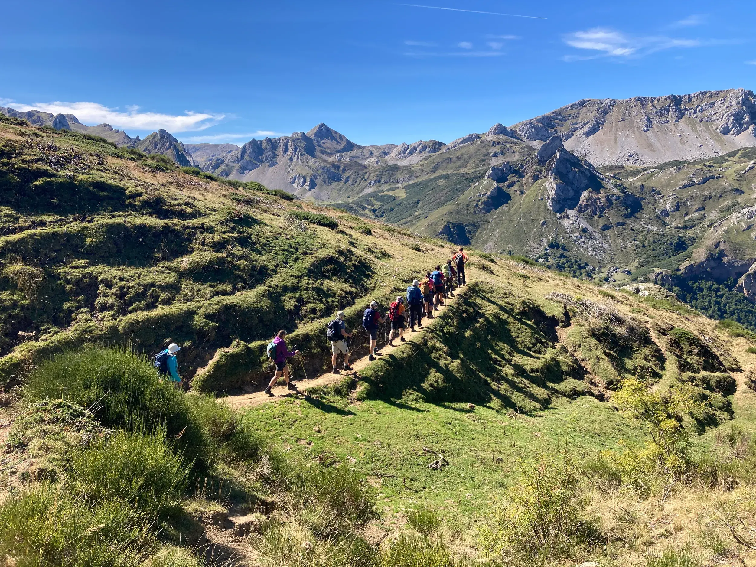 Eine Hauser-Wandergruppe auf einem schmalen Pfad entlang eines grünen Bergkamms mit Panoramablick auf die Picos de Europa.
