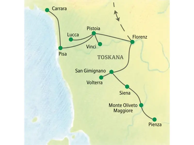 Karte der Studienreise in der Toskana mit der Reiseroute von Florenz über Pistoia, Pisa, Siena und San Gimignano.