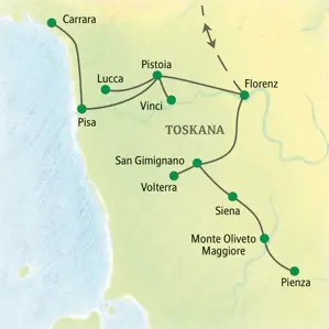 Karte der Studienreise in der Toskana mit der Reiseroute von Florenz über Pistoia, Pisa, Siena und San Gimignano.