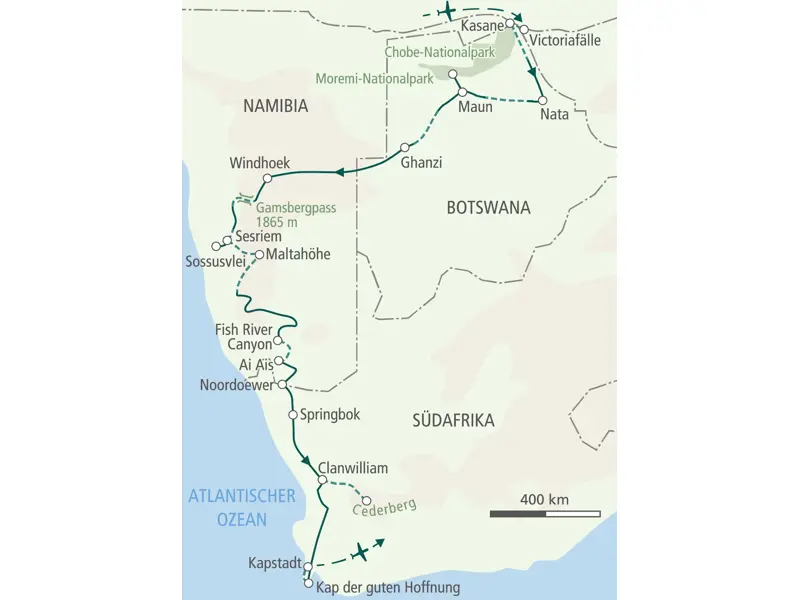 Karte des Bike-Abenteuers: Route von Victoria Falls über Windhoek, den Fish River Canyon und Cederberg nach Kapstadt.