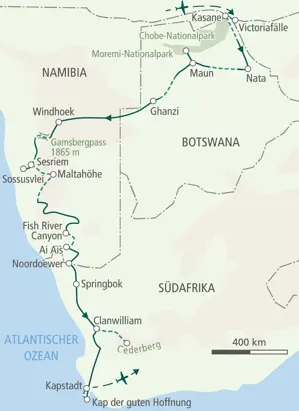 Karte des Bike-Abenteuers: Route von Victoria Falls über Windhoek, den Fish River Canyon und Cederberg nach Kapstadt.
