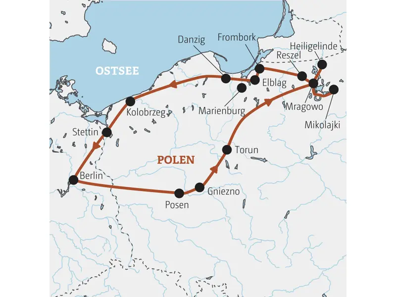 Karte der Marco Polo Rundreise in Polen ab Berlin über Posen, Torun, die Masuren, Danzig, Kolobrzeg und Stettin.