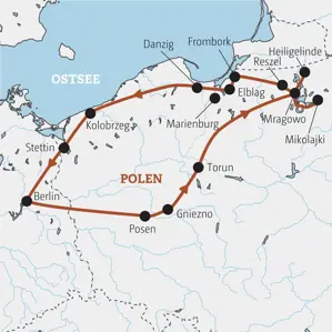 Karte der Marco Polo Rundreise in Polen ab Berlin über Posen, Torun, die Masuren, Danzig, Kolobrzeg und Stettin.
