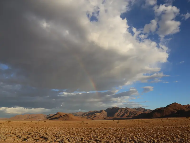 Ein Regenbogen spannt sich unter dramatischen Wolken über die trockene Wüstenlandschaft Namibias mit einer Bergkette am Horizont.