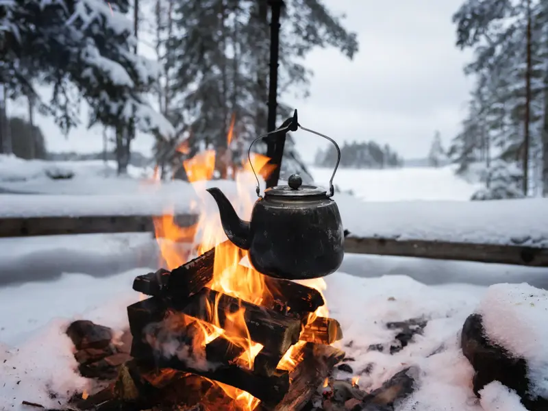 Ein rußgeschwärzter Kessel hängt über einem Lagerfeuer während einer Pause in der tief verschneiten Natur Finnlands.