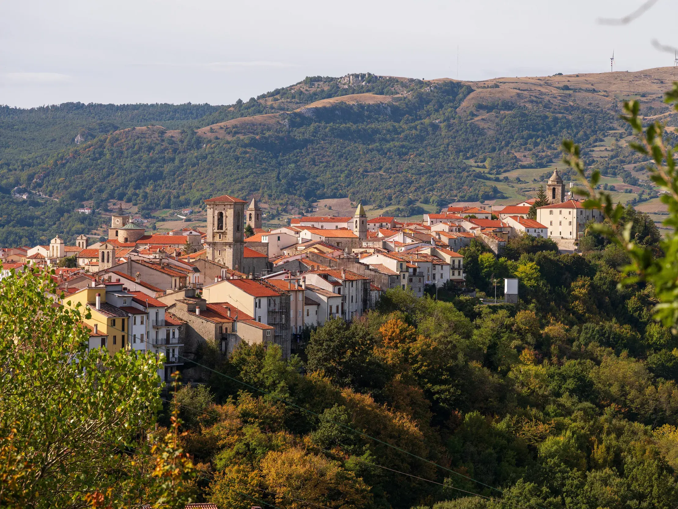 Blick von einem Wanderweg auf das Bergdorf Agnone in Molise mit seinen roten Dächern, umgeben von den Wäldern des Apennin.
